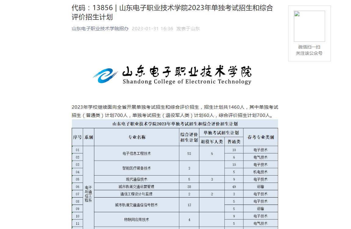 代碼：13856 | 山東電子職業(yè)技術(shù)學(xué)院2023年單獨(dú)考試招生和綜合評(píng)價(jià)招生計(jì)劃