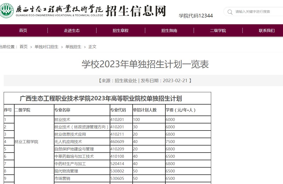 廣西生態(tài)工程職業(yè)技術(shù)學(xué)院2023年單獨(dú)招生計(jì)劃一覽表