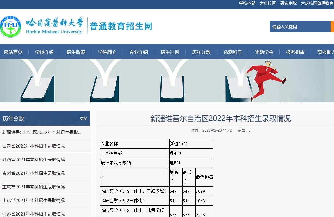 哈爾濱醫(yī)科大學(xué)新疆維吾爾自治區(qū)2022年本科招生錄取分?jǐn)?shù)線