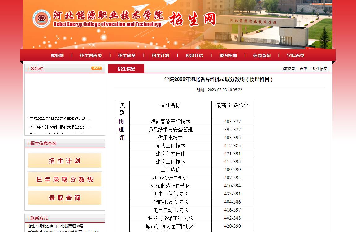 河北能源職業(yè)技術(shù)學(xué)院2022年河北省專科批錄取分?jǐn)?shù)線（物理科目）
