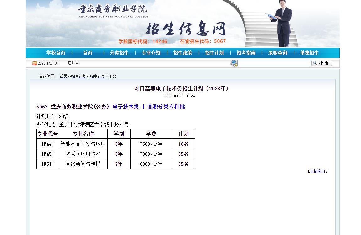 重慶商務(wù)職業(yè)學(xué)院對口高職電子技術(shù)類招生計劃（2023年）
