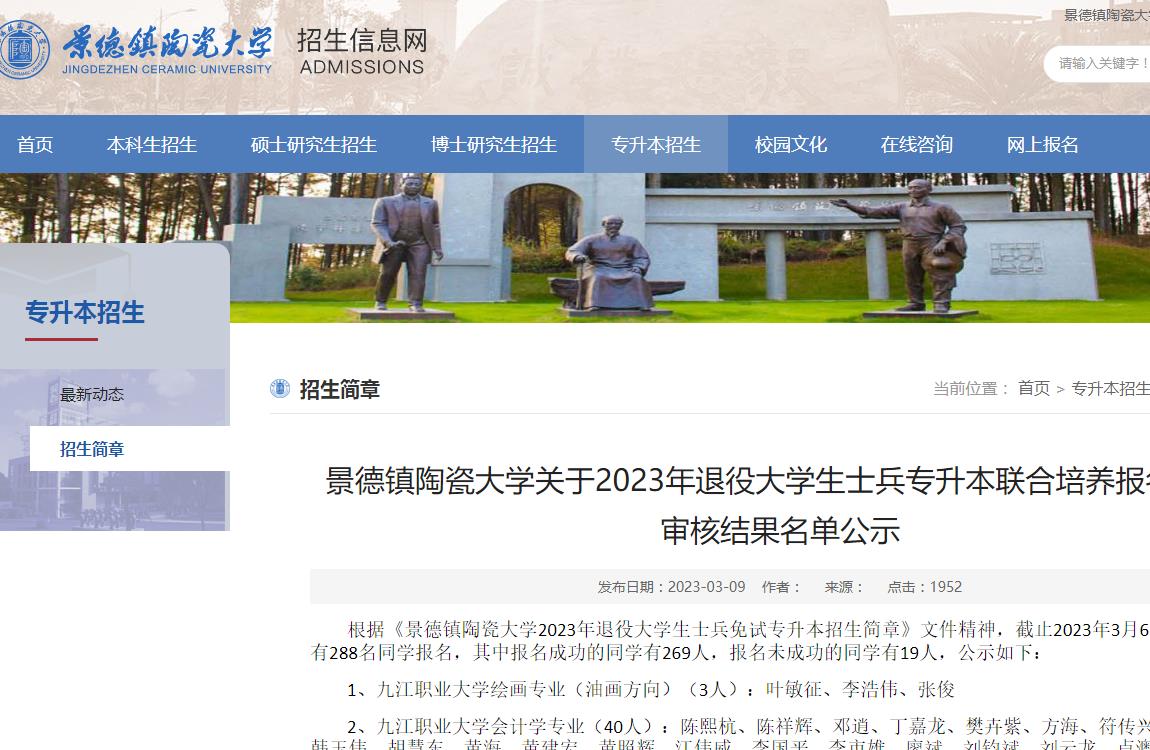 景德鎮(zhèn)陶瓷大學(xué)關(guān)于2023年退役大學(xué)生士兵專升本聯(lián)合培養(yǎng)報(bào)名資格審核結(jié)果名單公示