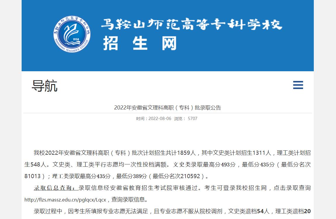马鞍山师范高等专科学校2022年安徽省文理科高职（专科）批录取公告
