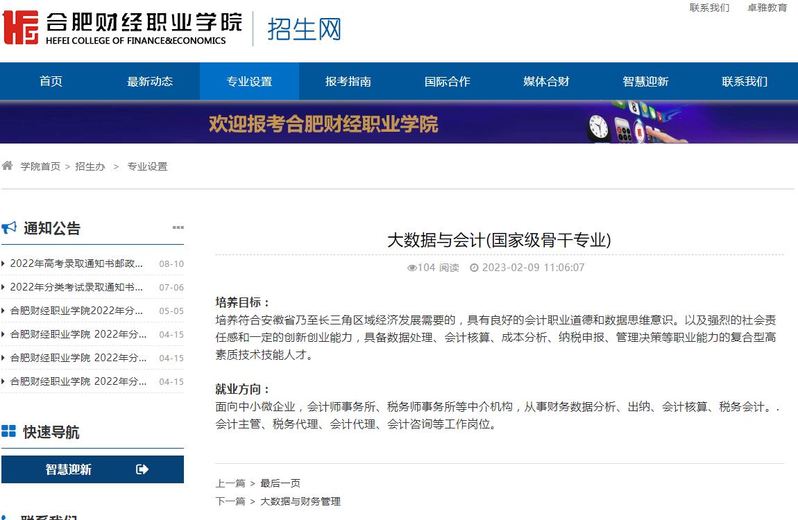民辦合肥財經(jīng)職業(yè)學院2023年大數(shù)據(jù)與會計(國家級骨干專業(yè))介紹