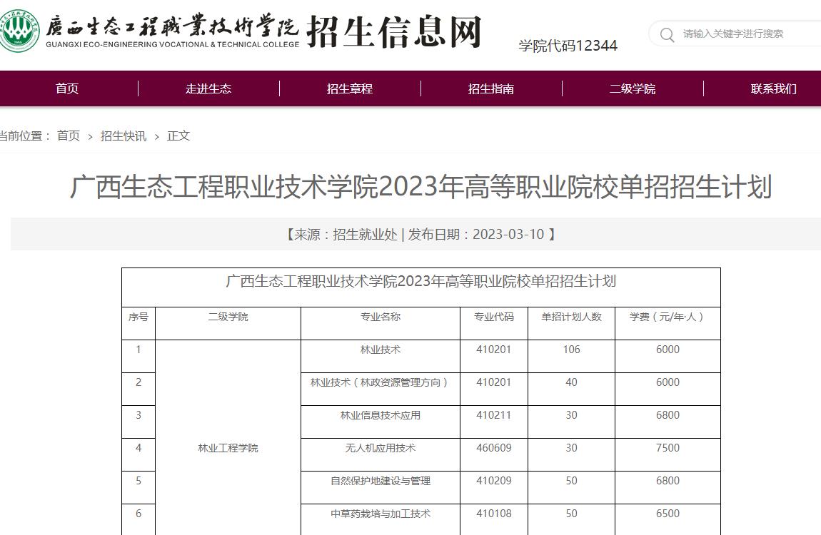廣西生態(tài)工程職業(yè)技術(shù)學(xué)院2023年高等職業(yè)院校單招招生計(jì)劃