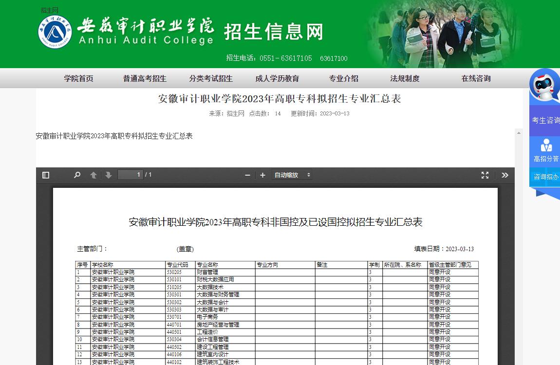 安徽審計(jì)職業(yè)學(xué)院2023年高職?？茢M招生專業(yè)匯總表