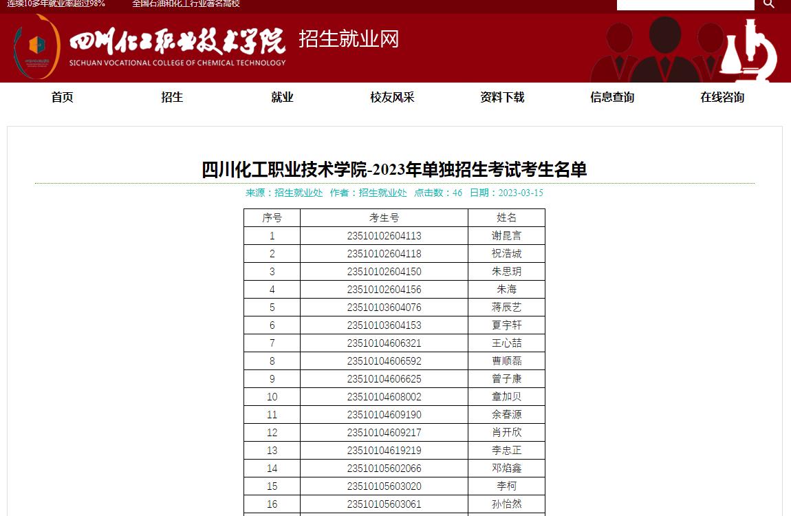 四川化工職業(yè)技術(shù)學(xué)院2023年單獨(dú)招生考試考生名單