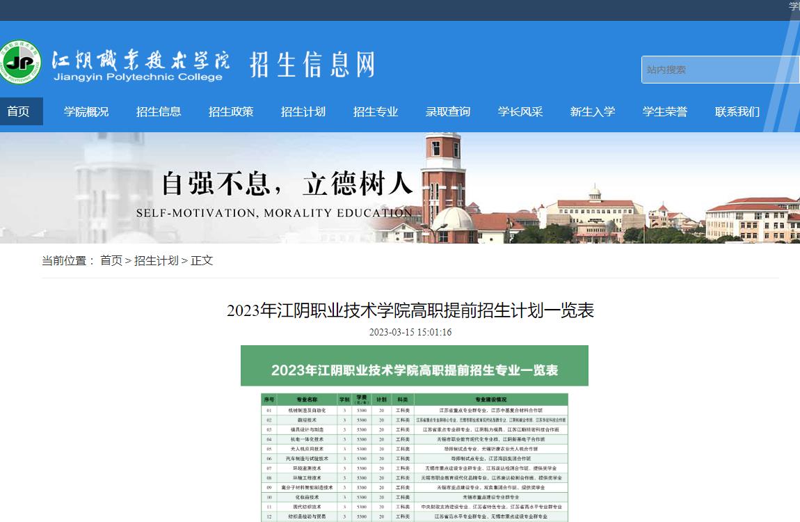 2023年江陰職業(yè)技術學院高職提前招生計劃一覽表