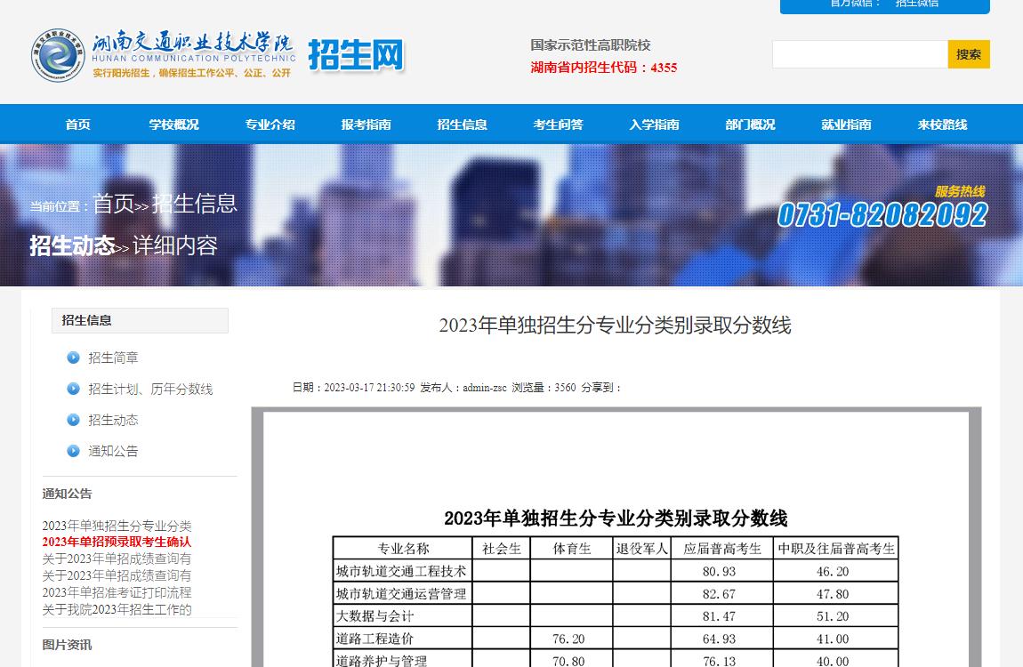 湖南交通職業(yè)技術(shù)學(xué)院2023年單獨(dú)招生分專業(yè)分類別錄取分?jǐn)?shù)線