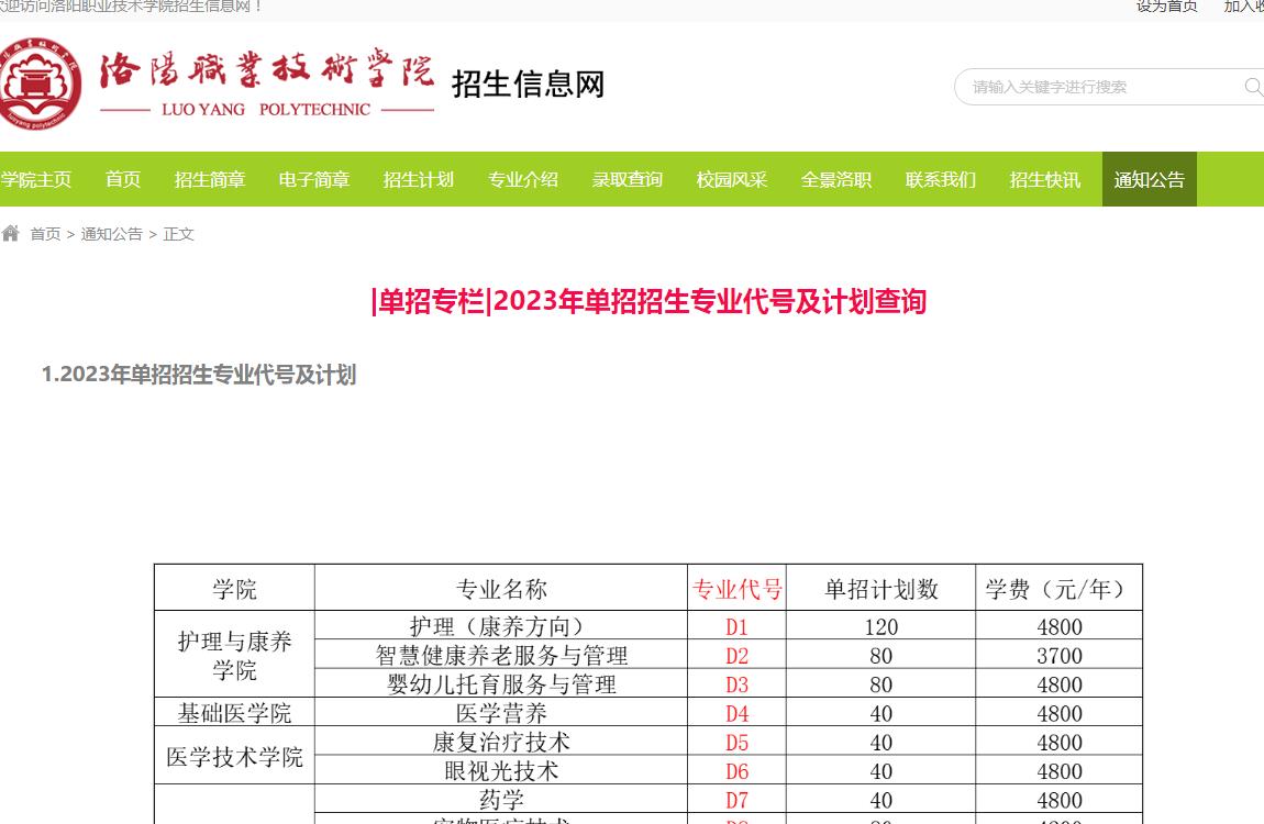 洛陽職業(yè)技術(shù)學(xué)院2023年單招招生專業(yè)代號及計劃查詢