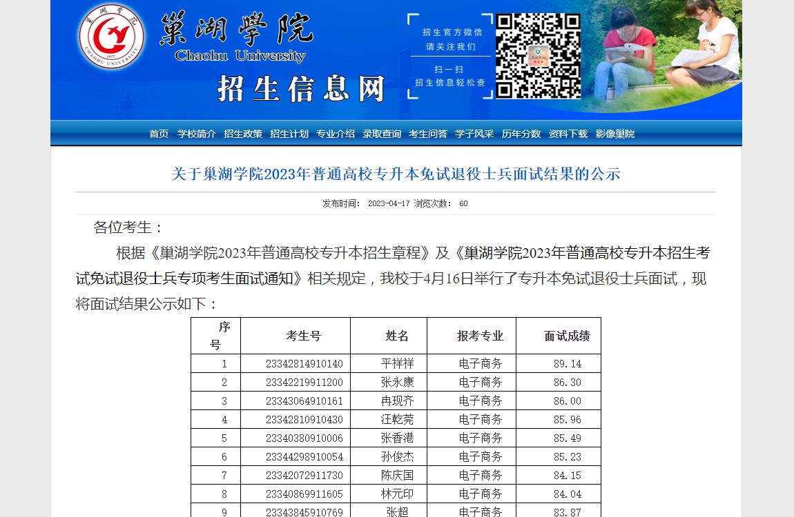 關(guān)于巢湖學(xué)院2023年普通高校專升本免試退役士兵面試結(jié)果的公示