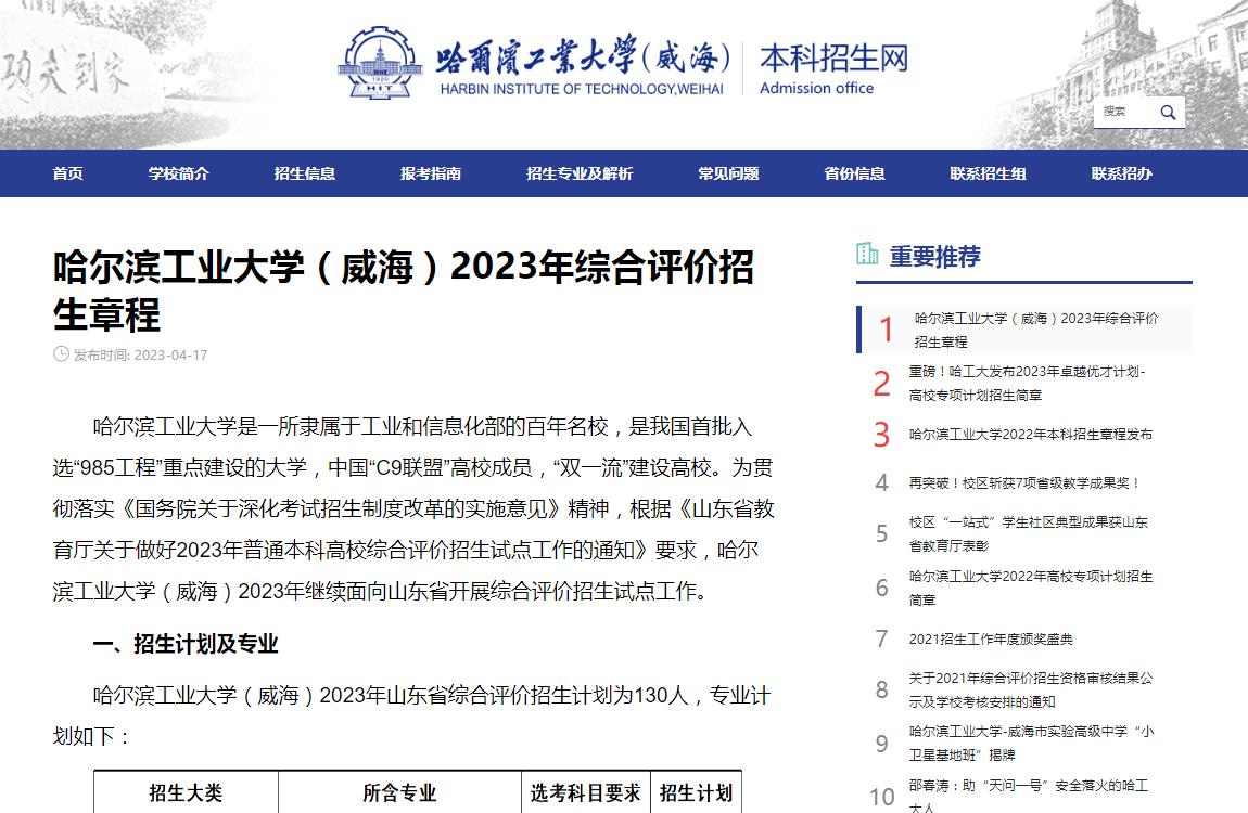哈爾濱工業(yè)大學(xué)（威海）2023年綜合評價招生章程