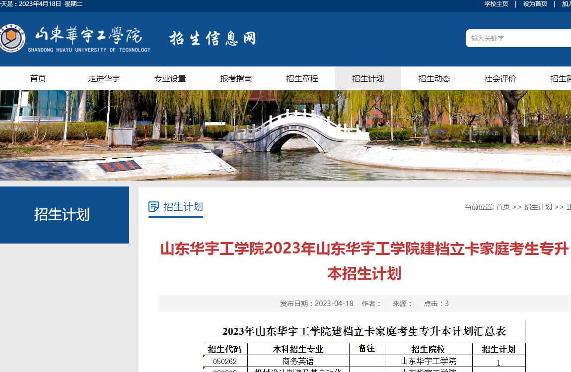 2023年山東華宇工學院建檔立卡家庭考生專升本招生計劃