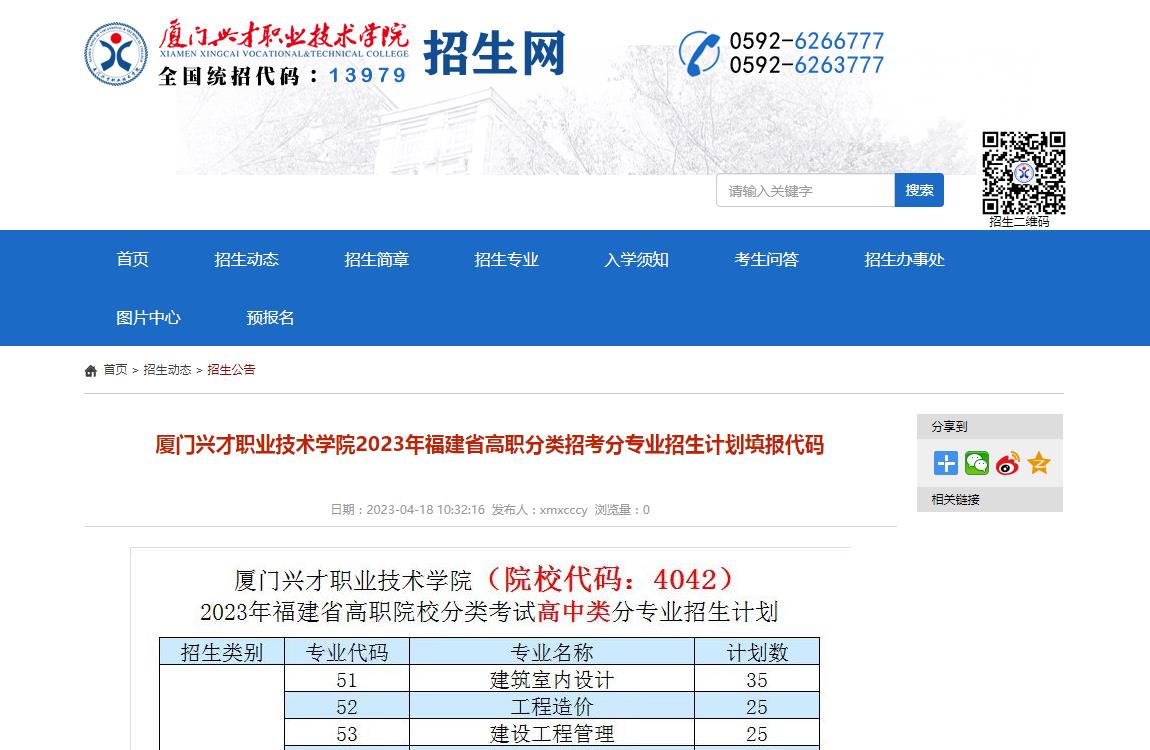 廈門興才職業(yè)技術(shù)學(xué)院2023年福建省高職分類招考分專業(yè)招生計(jì)劃填報代碼