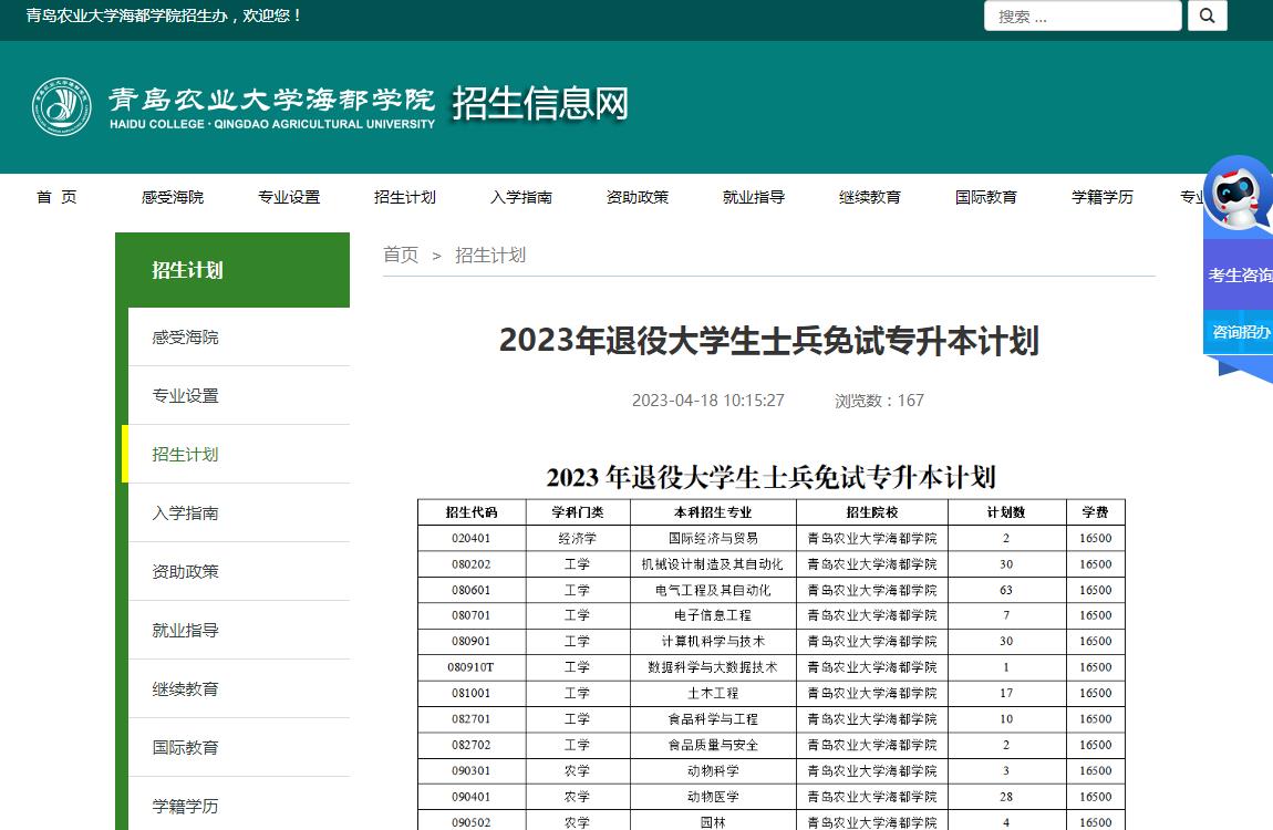 青島農(nóng)業(yè)大學(xué)海都學(xué)院2023年退役大學(xué)生士兵免試專升本計劃