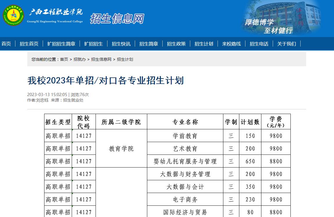廣西工程職業(yè)學(xué)院2023年單招/對(duì)口各專業(yè)招生計(jì)劃