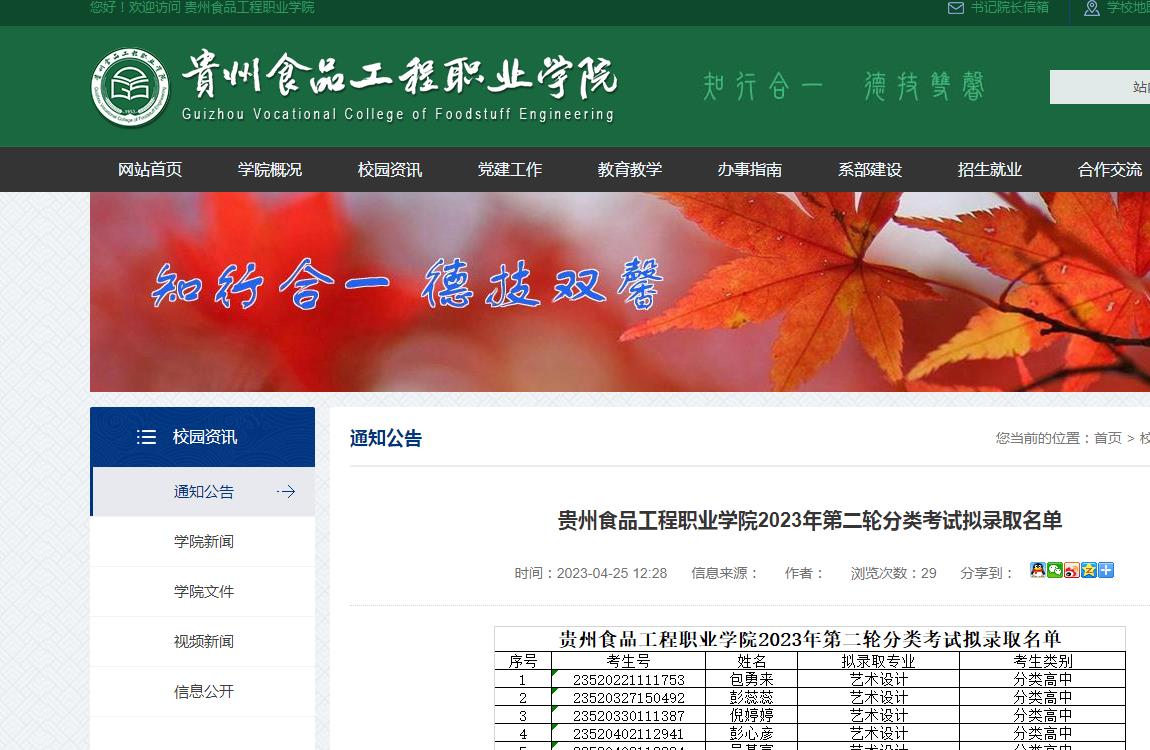 貴州食品工程職業(yè)學(xué)院2023年第二輪分類考試擬錄取名單