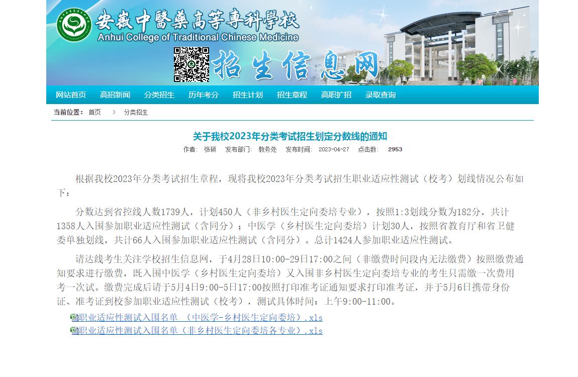 關(guān)于安徽中醫(yī)藥高等專(zhuān)科學(xué)校2023年分類(lèi)考試招生劃定分?jǐn)?shù)線(xiàn)的通知