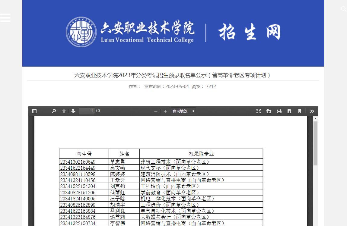 六安職業(yè)技術(shù)學(xué)院2023年分類考試招生預(yù)錄取名單公示（普高革命老區(qū)專項(xiàng)計(jì)劃）