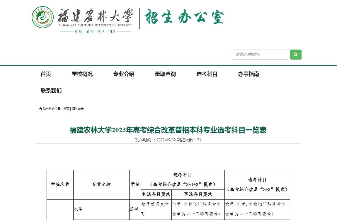 福建农林大学2023年高考综合改革普招本科专业选考科目一览表