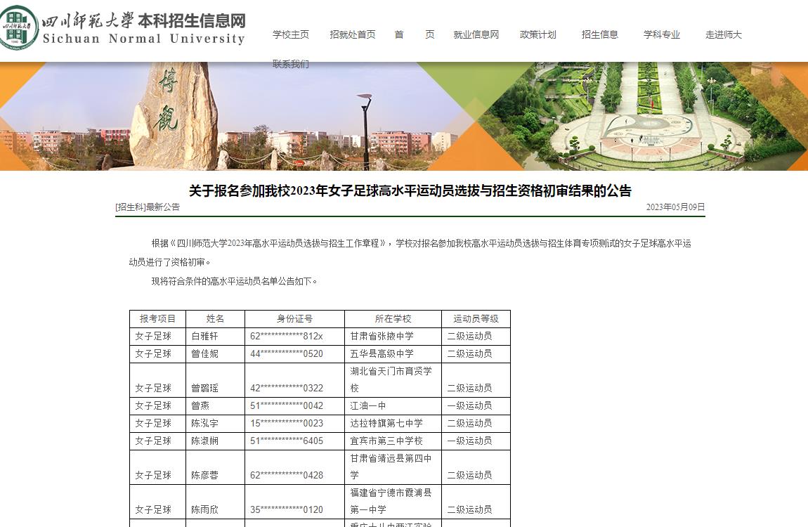 四川师范大学关于报名参加2023年女子足球高水平运动员选拔与招生资格初审结果的公告