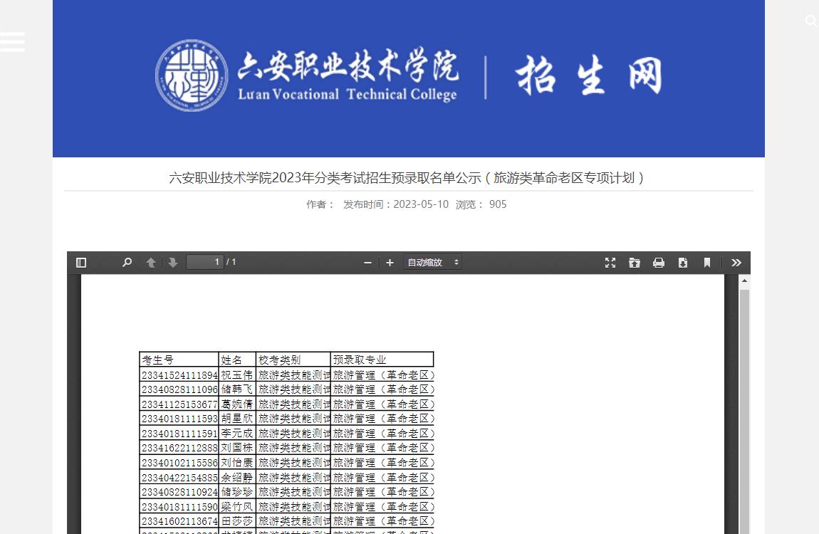 六安職業(yè)技術(shù)學(xué)院2023年分類考試招生預(yù)錄取名單公示（旅游類革命老區(qū)專項計劃）