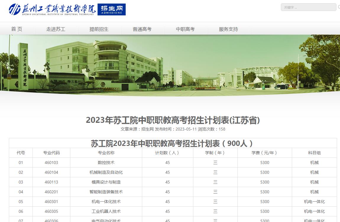 蘇州工業(yè)職業(yè)技術(shù)學(xué)院2023年中職職教高考招生計(jì)劃表(江蘇省)