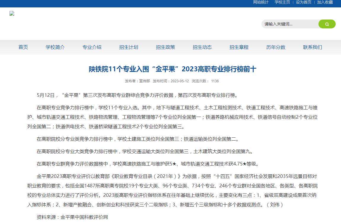 陜西鐵路工程職業(yè)技術(shù)學(xué)院11個(gè)專業(yè)入圍“金平果”2023高職專業(yè)排行榜前十
