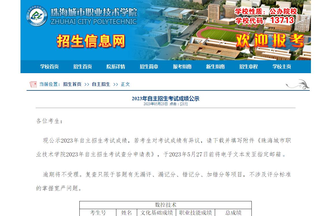 珠海城市職業(yè)技術(shù)學(xué)院2023年自主招生考試成績(jī)公示