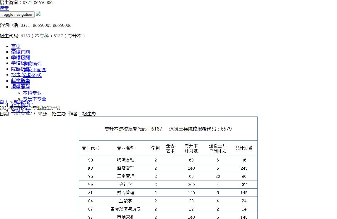 郑州财经学院2023年专升本分专业招生计划