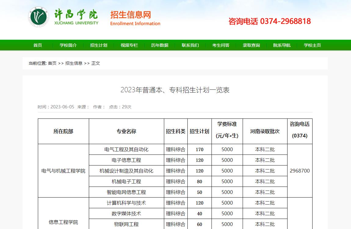 许昌学院2023年普通本、专科招生计划一览表