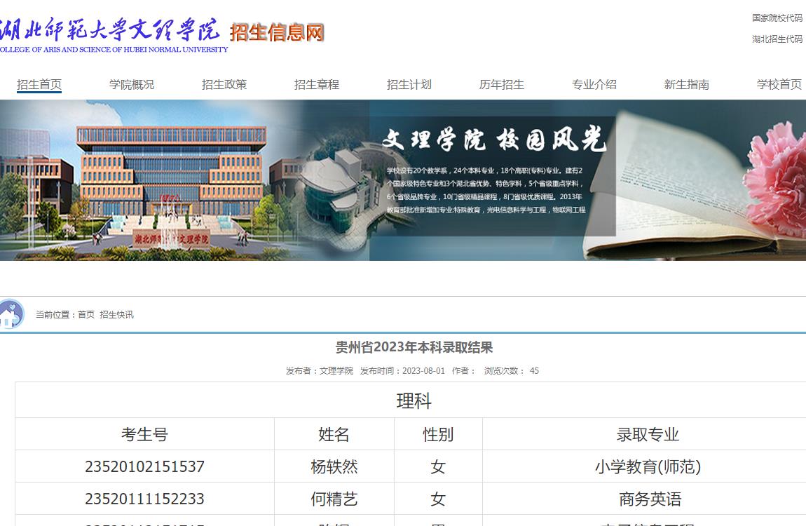 湖北师范大学文理学院贵州省2023年本科录取名单