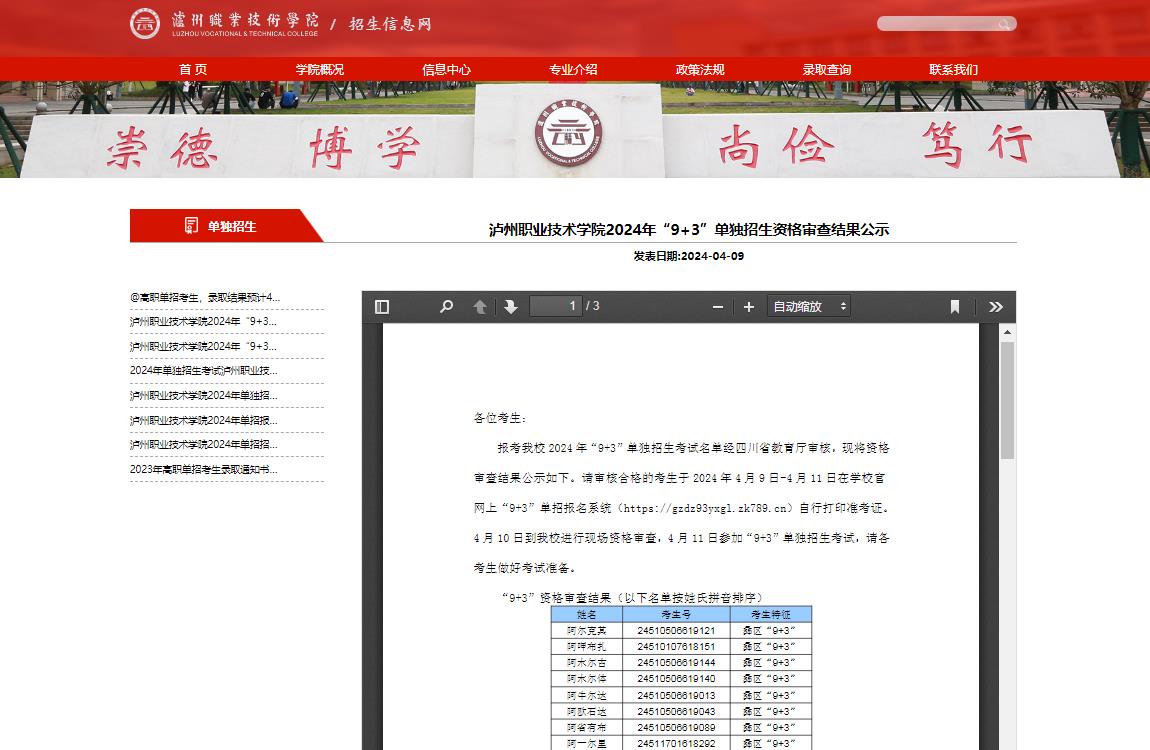 泸州职业技术学院2024年“9+3”单独招生资格审查结果公示